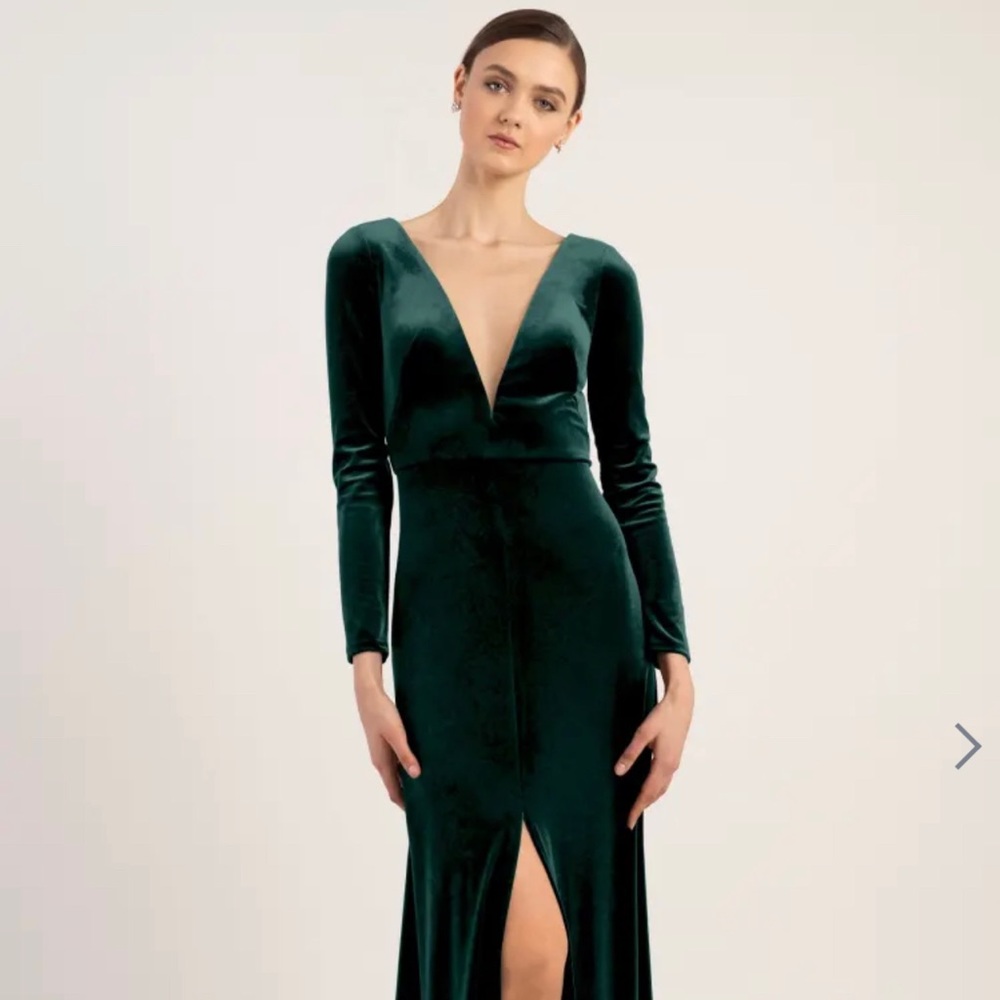 Jenny Yoo velvet long sleeve dress. Emerald Green